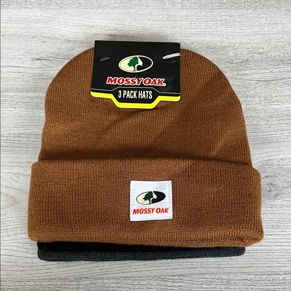 NWT Mossy Oak Brown, Black, Gray Warm Thick Beanie Trio Set